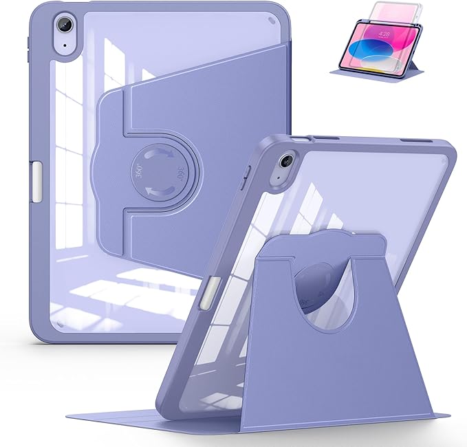 Soke Rotating Case for iPad (A16) 11th Generation 2025 iPad 10th Gen 2022 with Pencil Holder [Shockproof + Auto Sleep/Wake] 360 Degree Rotation Clear Back for iPad 11/10.9 - Lilac Purple