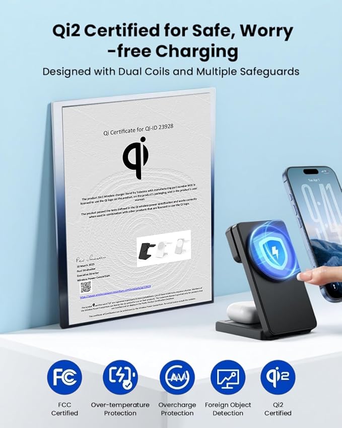 Magnetic Wireless Charging Station for Apple: Upgraded Qi2 Certified 15W 3-in-1 Magsafe Wireless Charger Stand Foldable Travel Fast Charger for iPhone 17 16 15 14 13 12 Series Apple Watch AirPods