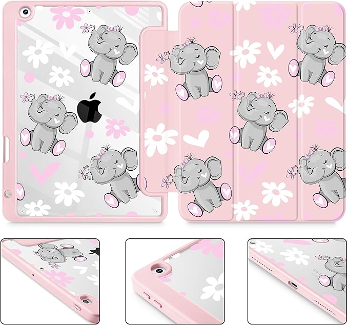 May Chen for iPad 9th Generation with Pencil Holder iPad 8th/7th Gen Case 10.2-inch [Penceil Holder] Trifold Stand Auto Wake/Sleep Clear TPU Protection Back Cover Cute Elephant