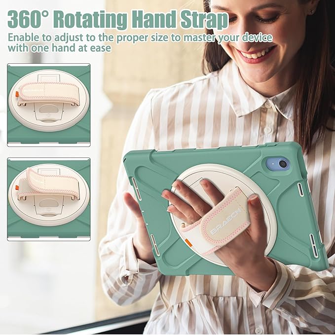 BRAECNstock Case for Apple iPad (A16) 11th/10th Generation 11/10.9'' 2025/2022 Shockproof Protective Case with Screen Protector Pencil Holder Rotating Stand&ampHand Strap Emerald Green