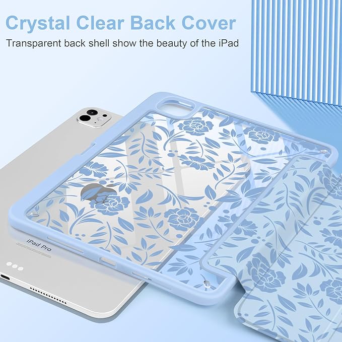 MecBevia Case for iPad Pro 11 inch M5 2025 / M4 2024 (6th/5th Gen) A3357 A3358 A3359 A2836 A2837 A3006 – Built-in Pencil Holder &amp Auto Wake/Sleep Vintage Blue Floral