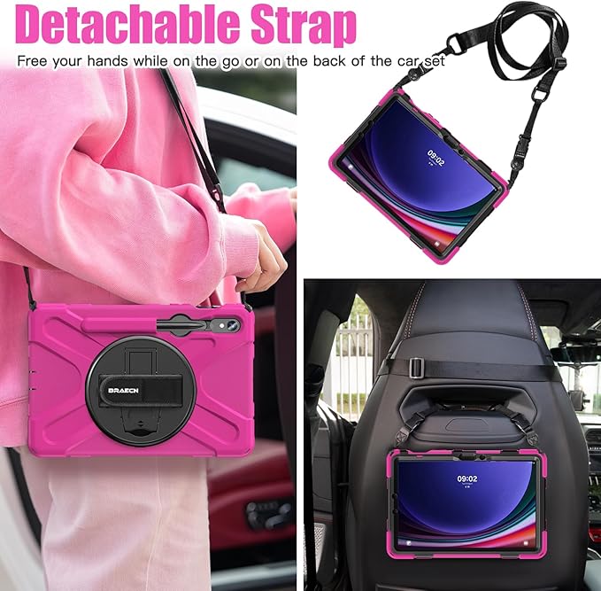 BRAECNstock for Samsung Galaxy Tab S10 Lite/ S10 FE/ S9 FE/ S9/ S8/ S7 5G Case 10.9/11 Shockproof Protective Kids Case with Pencil Holder Rotating Hand Strap &amp Stand Shoulder Strap Rose Red