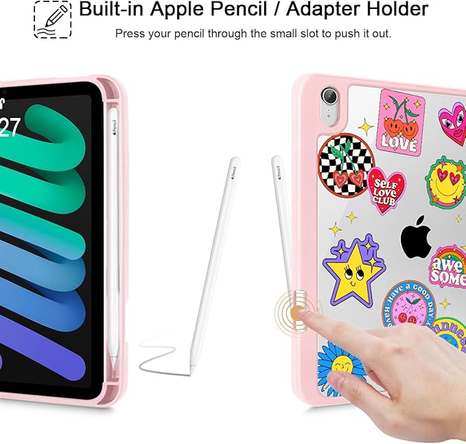 May Chen Slim Case for iPad mini 7 (A17 Pro 7th Generation) 2024 / iPad mini 6 (6th Gen) 8.3 Inch [Built-in Pencil Holder] Shockproof Cover Clear Clear Back Shell Auto Wake/Sleep Groovy