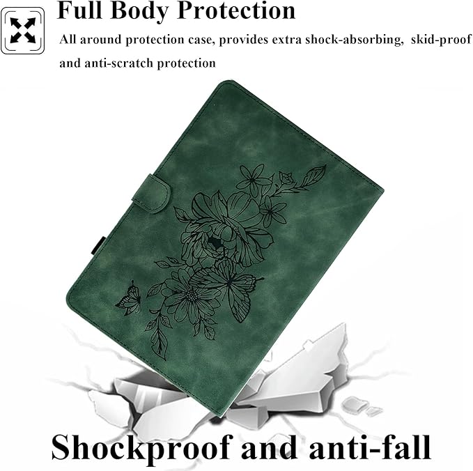 Folio Case for Amazon Kindle Fire HD 8/Fire HD 8 Plus (12th/10th Generation 2024/2022/2020) 8 with Stand/Pencil Holder [Auto Sleep/Wake] Embossed PU Leather Smart Cover Green Butterfly Flower