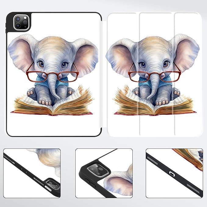Mektron for iPad Pro M2 11-inch 4th/ 3rd/ 2nd/ 1st Gen Case 2022 2021 2020 2018 with Pencil Holder Tablet Cover with Soft TPU Back Cover for 11 inch iPad Pro Cute Elephant C341