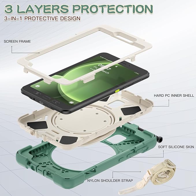 Rugged Case for Samsung Galaxy Tab Active5 5G (SM-X306B/X300) w/ 360° Rotating Hanging Ring Handle Grip Kickstand Heavy Duty Shock-Proof Armor Cover w/Shoulder Strap Stylus Holder (Green)