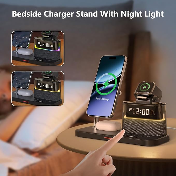 Charging Station with ClockMagnetic Wireless Charger for iPhone17 16 15 14 13 Pro Max Airpods Apple Watch Samsung PhoneBedside Docking Station with LightTech Gadgets Gifts for Men Women
