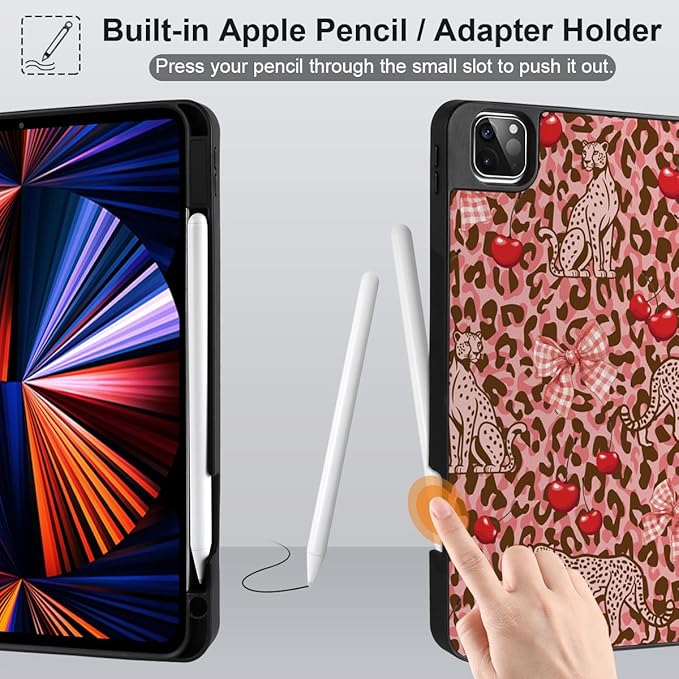 DONGKE Case for 2022/2021/2020/2018 iPad Pro 11 inch Gen 4/3/2/1 - Slim Protective Case - Built in Pencil Holder Support Charging - Trifold Stand &amp Sleep/Wake Cover- Cheetah Bow