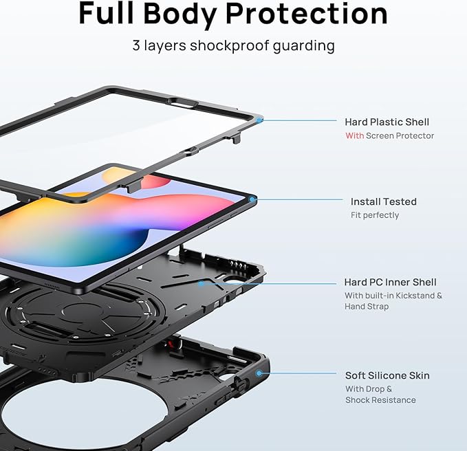 Gerutek Case for Samsung Galaxy Tab S6 Lite 10.4 2024/2022/ 2020 Full-Body Drop Protective Case with Screen Protector Pen Holder 360° Rotate Hand Strap &amp StandShoulder Strap Black