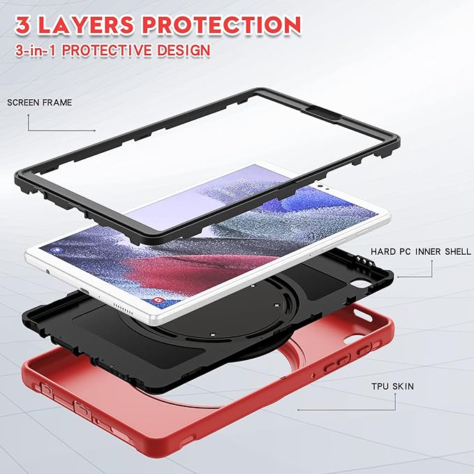 Shockproof Case for Samsung Galaxy Tab A7 Lite 8.7 Tablet Techcircle Rotating Stand Handle Hard Back Protective Cover for Galaxy Tab A7 Lite (2021) SM-T220/T225 Red