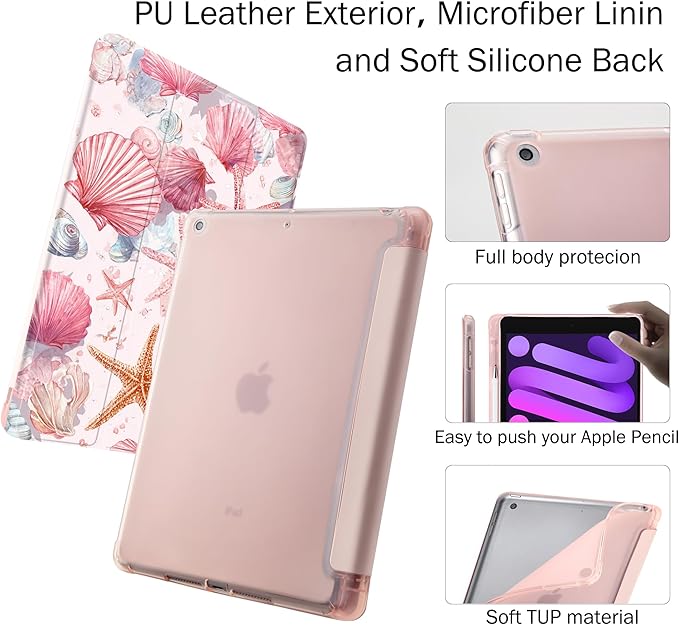 Idocolors Case for iPad 11 inch (A16 Chip) 2025 Generation 11th / iPad 10.9 inch 2022 10th Gen Built-in Pencil Holder with Soft TPU Shockproof Back Shell Auto Wake/Sleep Seashell-Pink
