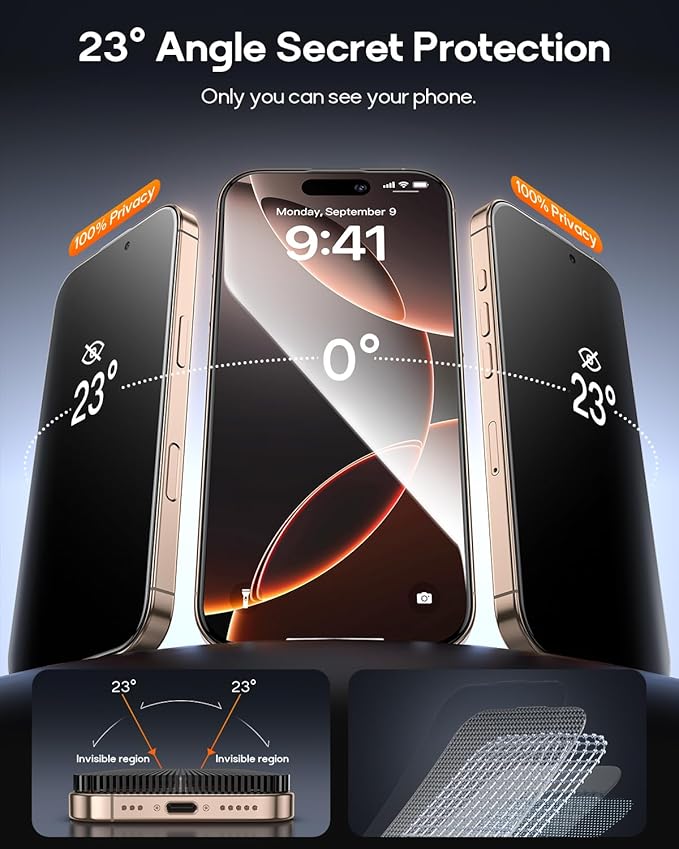 3 Pack for iPhone 15 Tempered Glass Privacy Screen Protector Dust Free CABIN Auto Positioning Bubble Free Privacy Protection Easy Installation9H+ Hardness