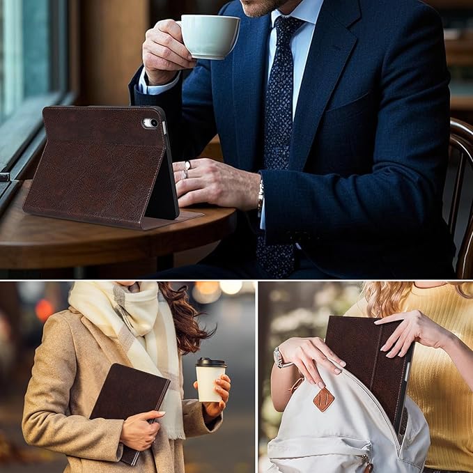 Genuine Leather Case for iPad A16 11th Gen 11 Inch iPad 10th Gen 10.9 Inch Premium Folio Cover with Pencil Holder Auto Wake/Sleep Adjustable Stand Wear-Resistant Protective Case - Mocha Brown