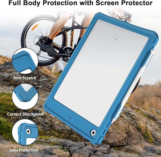ShellBox Case iPad 10.2 9th /8th/7th Generation Waterproof Case Full-Body Heavy Duty Shockproof Protective Cover Built-in Screen Protector with Shoulder Strap for iPad 10.2 2024-2019