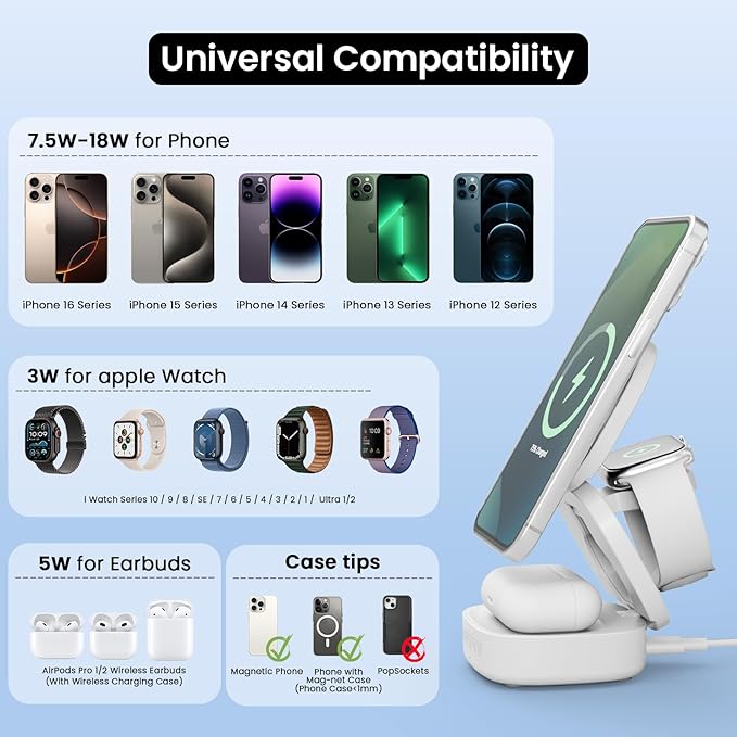 SUPERV 3-in-1 Wireless Charging Station: Charger Stand for Multiple Devices for Apple - iPhone 17/16/15/14/13/12 Series/Apple Watch/Airpods Portable Travel Charging Station (White)