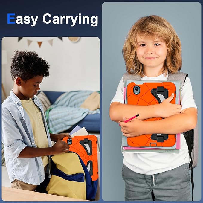 Kids Case for iPad mini 7 A17 Pro 2024/ Mini 6 8.3 inch Spider Case for iPad mini 7th 6th Generation Shockproof Durable Full Protective Cover with Pencil Holder Kickstand (Orange+Black)