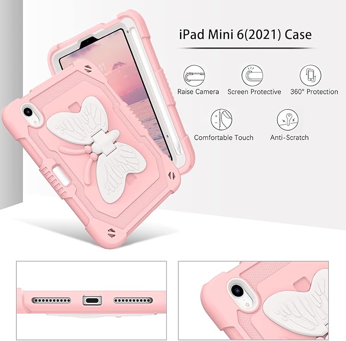 DUEDUE Case for iPad mini 7 (A17 Pro) 2024iPad mini 6 Case 2021 Butterfly Wings Kickstand with Pencil Holder Shockproof Protective Tablet Case for iPad mini 7th/6th Gen Kids Beige/Pink