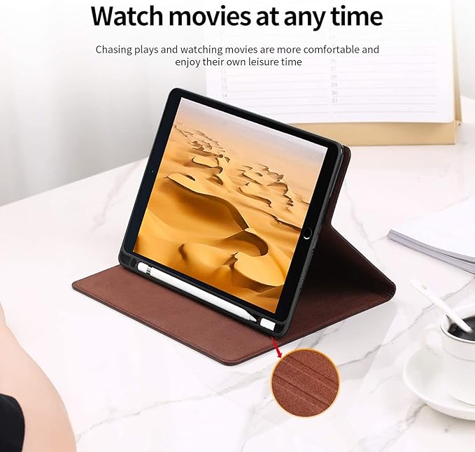 Gexmil Leather Case for iPad 10.2 inch 9th/8th/7th Gen. 2021/2020/2019 with Pencil Holder Genuine Leather Cover Auto Sleep/WakeSmart Folio Shockproof ProtectiveAnti-FingerprintSanded Brown