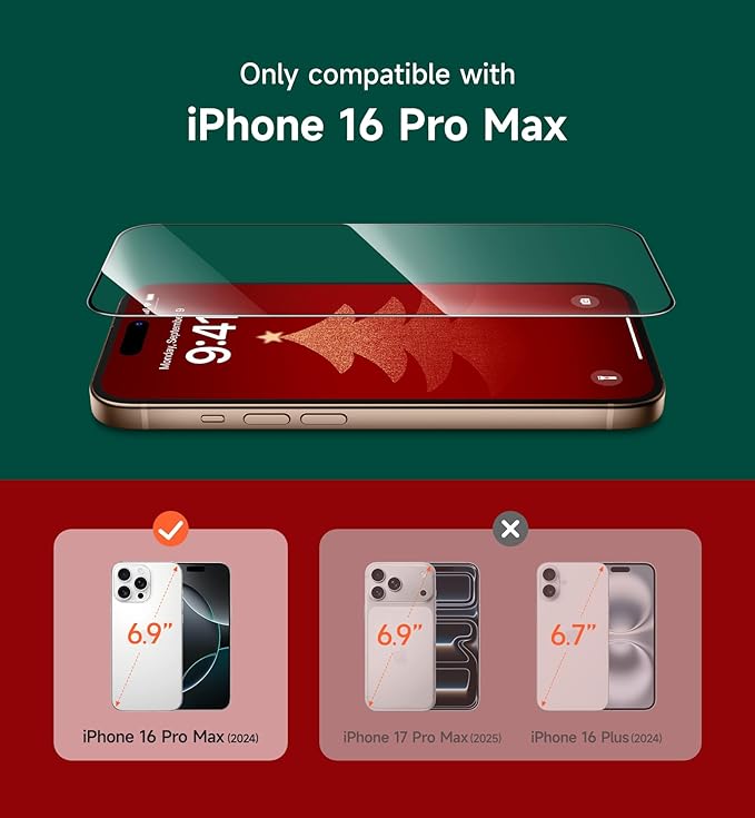 SURITCH 2-Pack for iPhone 16 Pro Max Tempered Glass Screen Protector 9H+ Hardness HD Clear Fingerprint Resistant Military-grade Shatterproof Glass Film with Installation Tool for Christmas