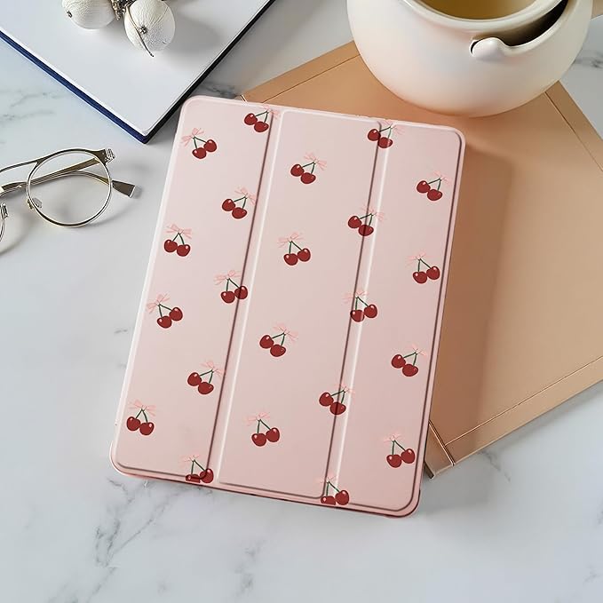 Idocolors Cute Kawaii Bow Cherries Pad Case for 10.5 Inch iPad Pro(2017)/iPad Air 3 Clear TPU Smart Stand Back Cover with Pencil Holder Auto Wake/Sleep Foldable Protective Case for Women Girls