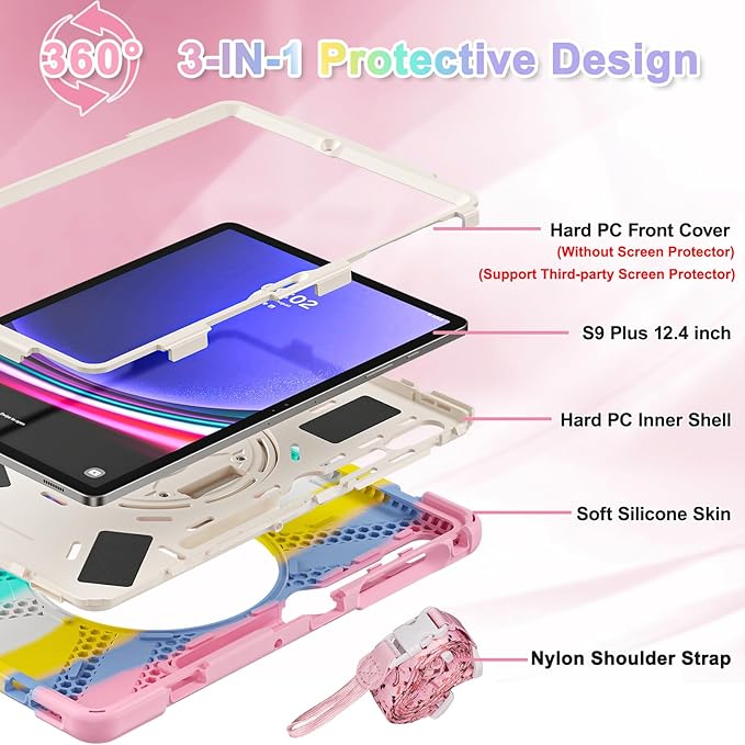 BRAECNstock Kids Case for Samsung Galaxy Tab S10+ Plus/ S9 FE+ Plus/ S9+ Plus/ S8+ Plus/ S7 FE/ S7+ Plus 5G 12.4 Shockproof Protective Cover with Pen Holder Rotating Stand&ampHand Strap - Colorful P