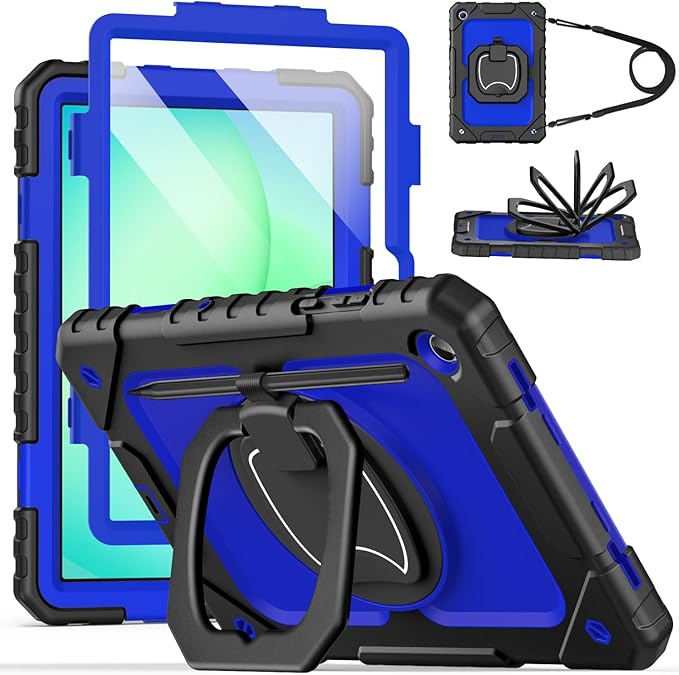 Cantis Case for Samsung Galaxy Tab A11 Plus 11 Inch 2026 (SM-X230/X236/X238) Shockproof Case for Tab A11+ with Screen Protector/Rotating Stand/Pen Holder/Shoulder Strap (Black+Dark Blue)