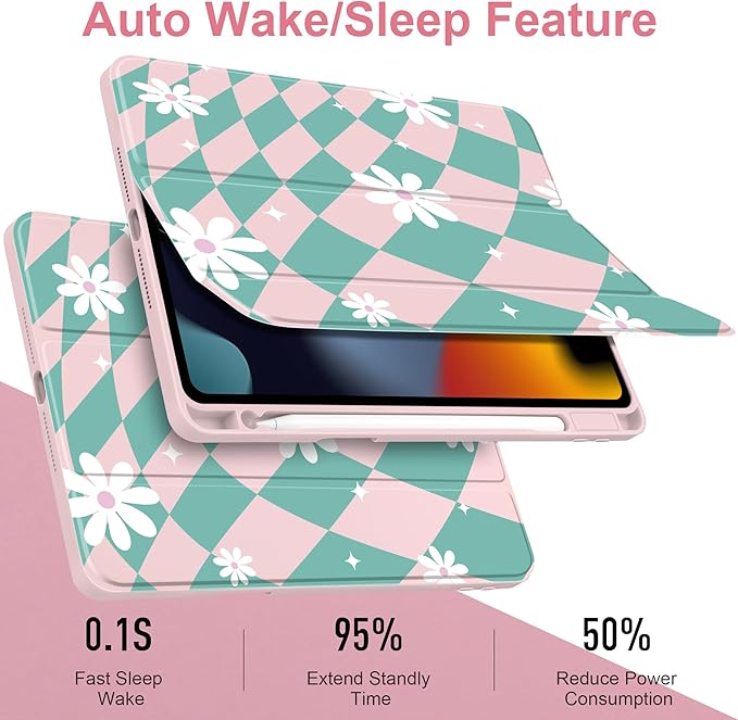 DONGKE for iPad 9th/8th/7th Generation Case 10.2 Inch (2021/2020/2019) [Auto Sleep/Wake &amp Pencil Holder] Clear Acrylic Back Trifold Stand Cover Checkered &amp Daisy