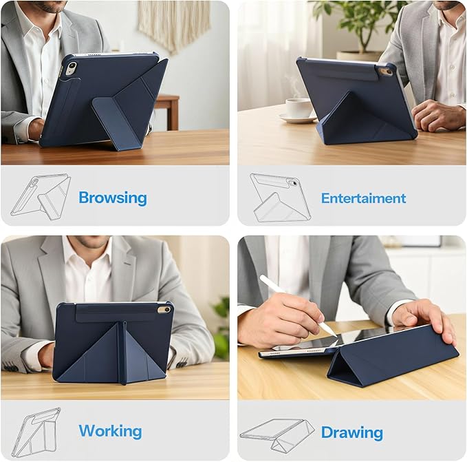 SPARIN Magnetic Case for iPad A16 11th/10th Gen (2025/2022) Origami Stand Cover with Auto Sleep/Wake Multi-Angle Viewing Hidden Pencil Holder Ultra Slim Lightweight &amp Stable on Sofa/Bed-Navy B