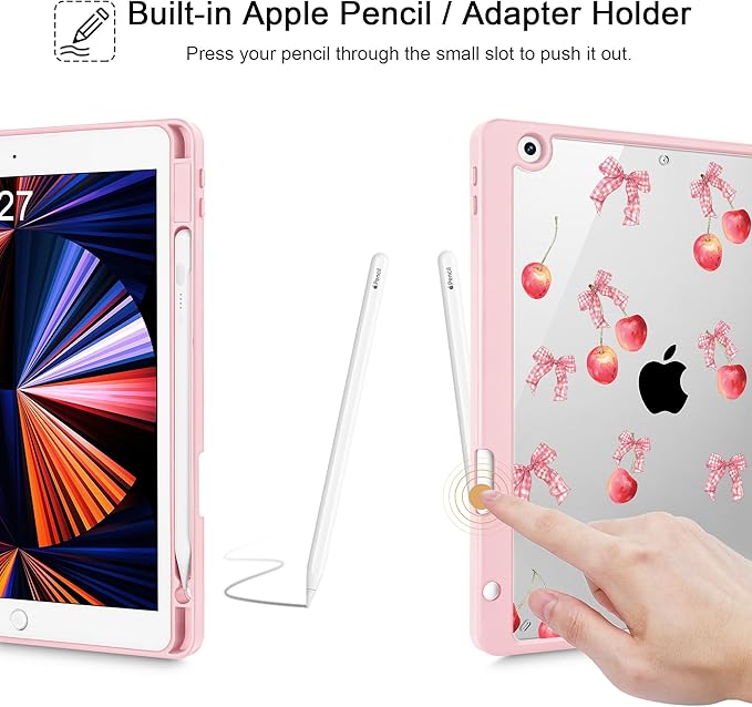 for iPad 9th Generation with Pencil Holder iPad 8th/7th Gen Case 10.2-inch [Built in Pencil Holder] Trifold Stand Auto Wake/Sleep Clear TPU Protection Back Cover Cherry Bow P704