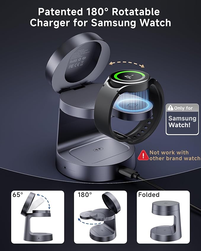 Qi2 Certified Magnetic Wireless Charger for Samsung 3-in-1 Fast Mag-Safe Charging Station with Night LightCompact Travel Charger Stand for S26 Ultra/S25 Ultra &ampGalaxy Watch Ultra 8/7