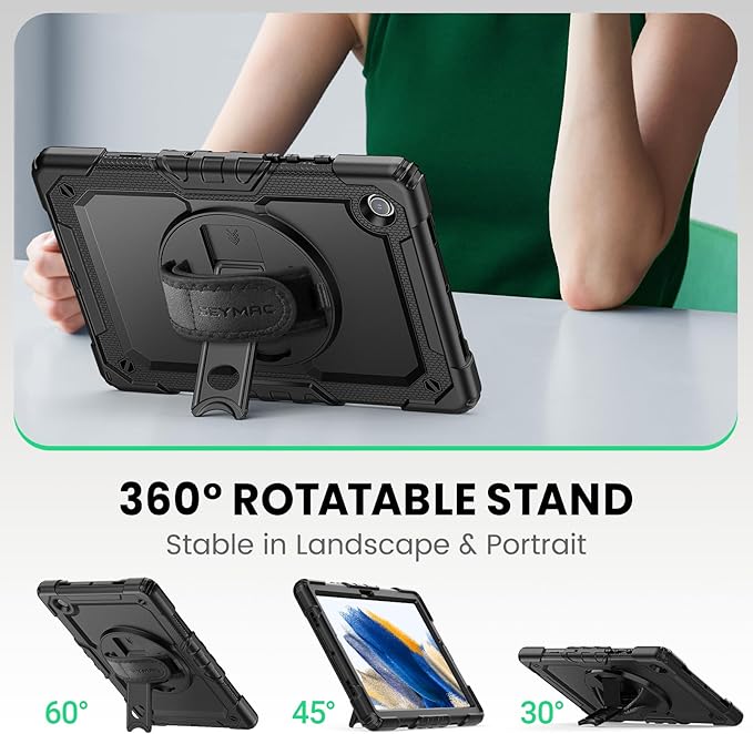 SEYMAC for Samsung Galaxy Tab A8 Case 10.5 Inch (SM-X200/ X205/ X207) Heavy Duty Full-Body Shockproof Protective Case with Screen Protector Rotating Stand Hand/Shoulder Strap and Pen Holder Black