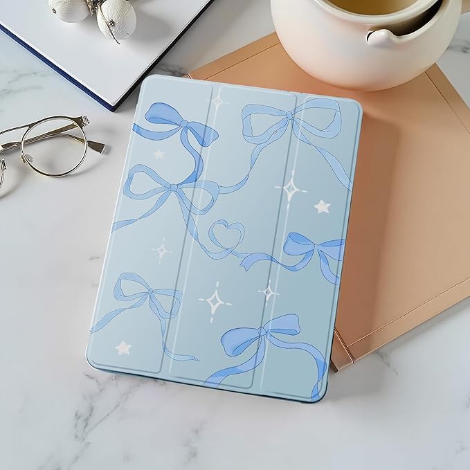 Idocolors Case for iPad 11 inch (A16 Chip) 2025 Generation 11th / iPad 10.9 inch 2022 10th Gen Built-in Pencil Holder with Soft TPU Shockproof Back Shell Auto Wake/Sleep Blue Ribbon Bow-Blue