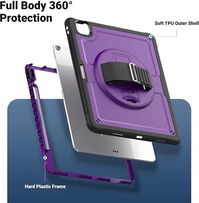 Batianda Case for iPad Air 13-inch 2025 M3 2024 M2 Chip Multilayered Rugged Durable Shockproof Tablet Cover with 360° Rotating Hand Strap Foldable Hidden Stand Purple