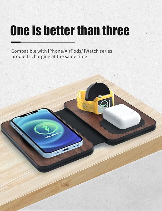 3-in-1 Charging Station for Apple Devices Fast Mag Safe Wireless Charger Foldable Travel Charger for Cell Phone 16-12 Series AirPods and iWatch Series (wulnut Wood)