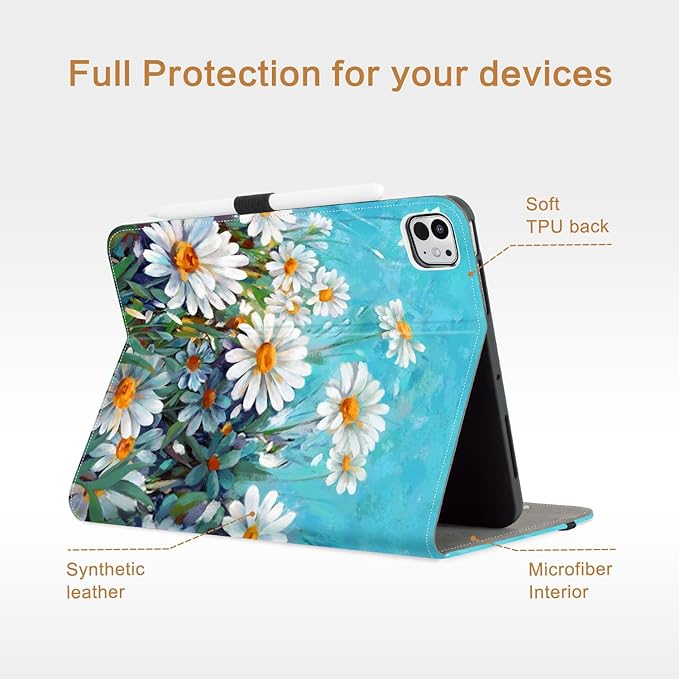 Vimorco Leather Case for iPad Pro 11 inch M5/M4 2025/2024 Pu Leather Protective Adjustable Stand Tablet Cover Hand Strap Card Pocket with Pencil HolderAuto Wake/SleepDaisy
