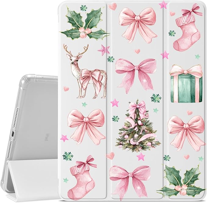 JOYLAND Light Pink Bowknot Xmas Case for iPad mini 7th(A17 Pro) 2024 / Mini 6th Generation 8.3 2021Pencil Holder &amp Clear Transparent Back &amp Trifold Smart Tablet Cover for Girls Women