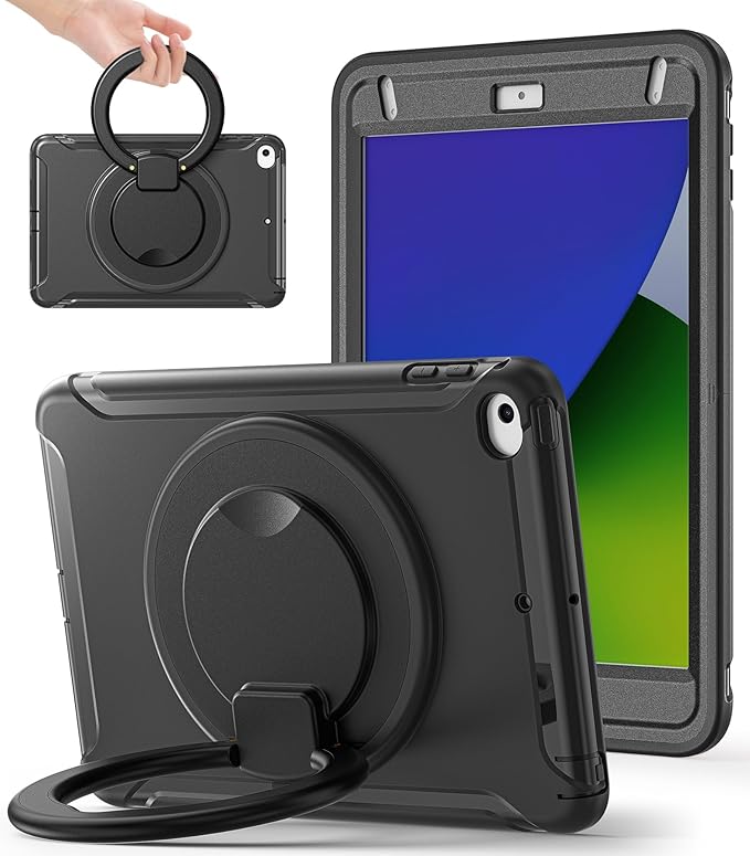 BATYUE Shockproof Case for iPad mini 4/5 (2015/2019) - 360° Multi-Angle Stand (Portrait &amp Landscape) &amp Grip Pencil Holder (Elastic Loop) Multi-Scene for All Ages Black