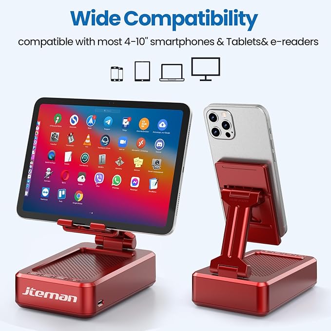 JTEMAN Portable Phone Stand with Speaker Bluetooth WirelessGifts for Men WomenBirthday for WomenKitchen Gadgets for MenPhone Holder for Desk - Red