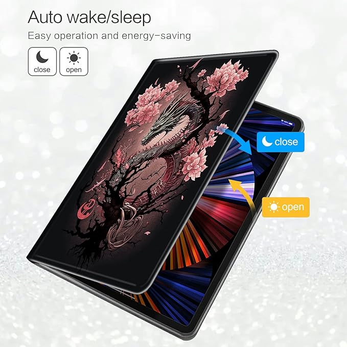 Case for Amazon Kinlde Fire HD 10 Tablet Case (9th/7th/5th Generation 2019/2017/2015 Release) Slim Premium PU Leather Smart Folio Stand Cover with Auto Wake SleepCherry Blossom Dragon