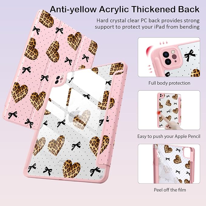 Cute Leopard Print Heart Bow for iPad Air 11 Inch Case 7th/6th Generation (M3/M2) 2025/2024 with Pencil Holder Auto Sleep/Wake Pink Leather Clear Acrylic Back Cover
