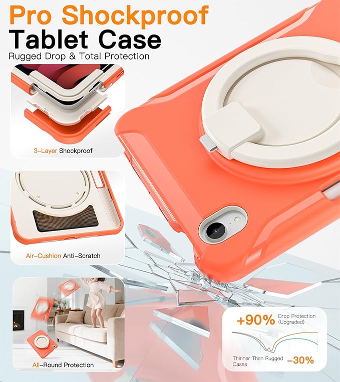 BATYUE Shockproof Case for iPad mini 7 (A17 Pro)/ Mini 6 8.3 inch (2024/2021) - 360° Multi-Angle Stand (Portrait &amp Landscape) &amp Grip Built-in Pencil Holder Coral Orange
