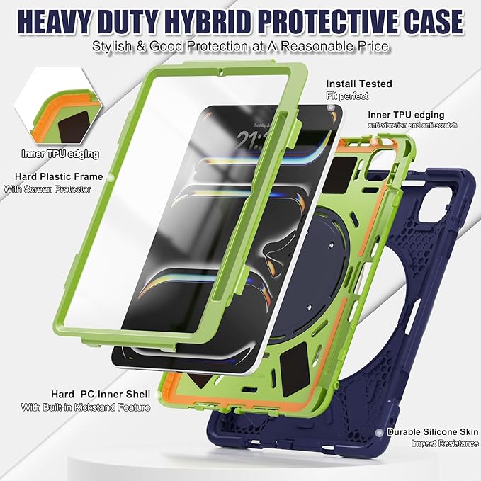 TSQQST Case for iPad Pro 11 Inch M5 2025/ M4 2024 Heavy Duty Rugged Shockproof Proective Case with Screen Protector Shoulder Strap Pencil Holder 360° Rotating Handle Stand Navyblue Lime