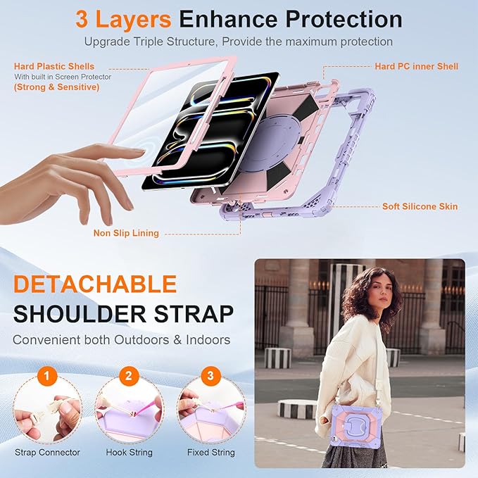 Case for iPad Pro 13 Inch M5 2025 / M4 2024 Auorld for iPad Pro 13 Inch M5 2025 with Screen Protector 360 Degree Rotating Stand Shoulder Strap Pencil Holder Purple Pink