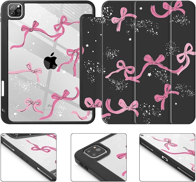 Tuiklol Case for iPad Pro 12.9 Inch M2 Case 2022 2021 2020 2018 Generation 6th/5th/4th/3rdBuilt-in Pencil 2nd Holder Clear Transparent Protective Back Shell CoverBow-Black