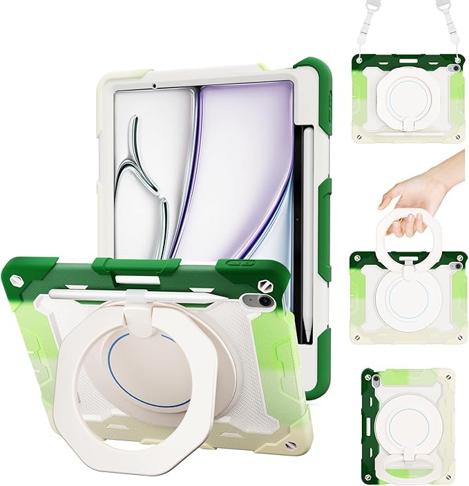 ACEMO for iPad Air 13 Inch Case M3 2025 &amp iPad Air 13 Inch M2 2024 with Pencil Holder/ 360° Rotating Kickstand/Grip Handle/Shoulder Strap for Kids Girls Heavy Duty Rugged Protective Cover Green