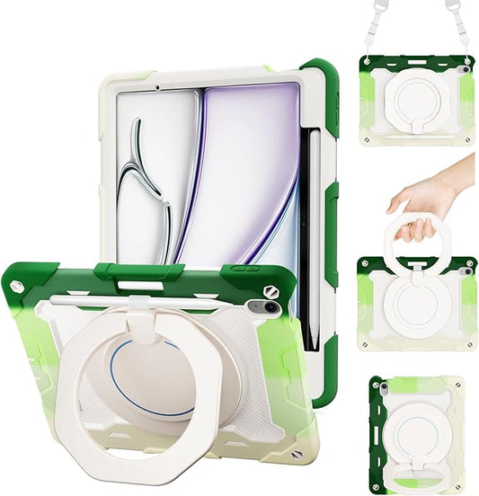 ACEMO for iPad Air 13 Inch Case M3 2025 &amp iPad Air 13 Inch M2 2024 with Pencil Holder/ 360° Rotating Kickstand/Grip Handle/Shoulder Strap for Kids Girls Heavy Duty Rugged Protective Cover Green