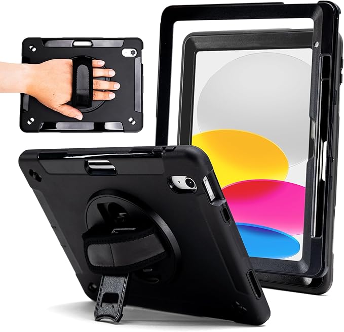 ZAGG Rugged Tablet Case for iPad 11 (A16)/ 10.9-inch (Gen. 10) - Protective 360° Rotating Hand Strap Integrated Kickstand Drop-Proof Ideal for Business Warehouse and Field Use Black