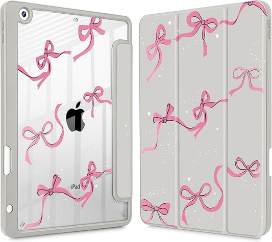 May Chen for iPad 9th Generation with Pencil Holder iPad 8th/7th Gen Case 10.2-inch [Penceil Holder] Trifold Stand Auto Wake/Sleep Clear TPU Protection Back Cover Khaki Bows