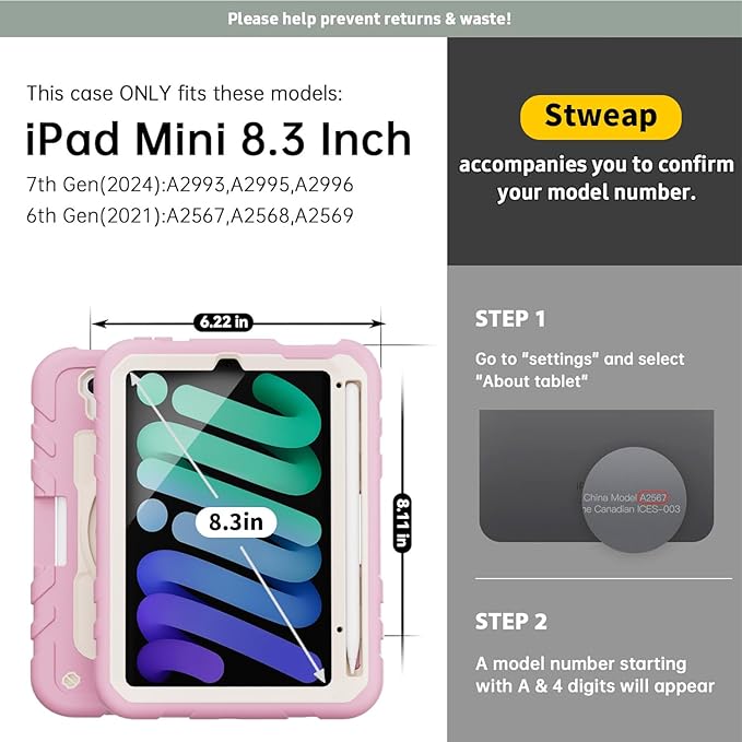 for iPad mini 7 A17 Pro/iPad mini 6 8.3 Inch Case iPad mini 7th/6th Generation Case (2024/2021) with Pencil Holder/Kickstand Hand Strap/Shoulder StrapPink&ampBeige
