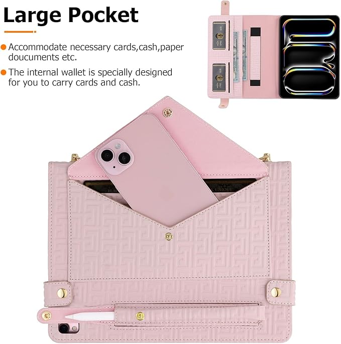 Dteck Handbag Case for iPad 9th/8th/7th Generation 2021/2020/2019 10.2 Inch with Pencil Holder Folio Stand PU Leather Crossbody Shoulder Hand Strap Card Pockets Magnetic Envelope Wallet CoverPink